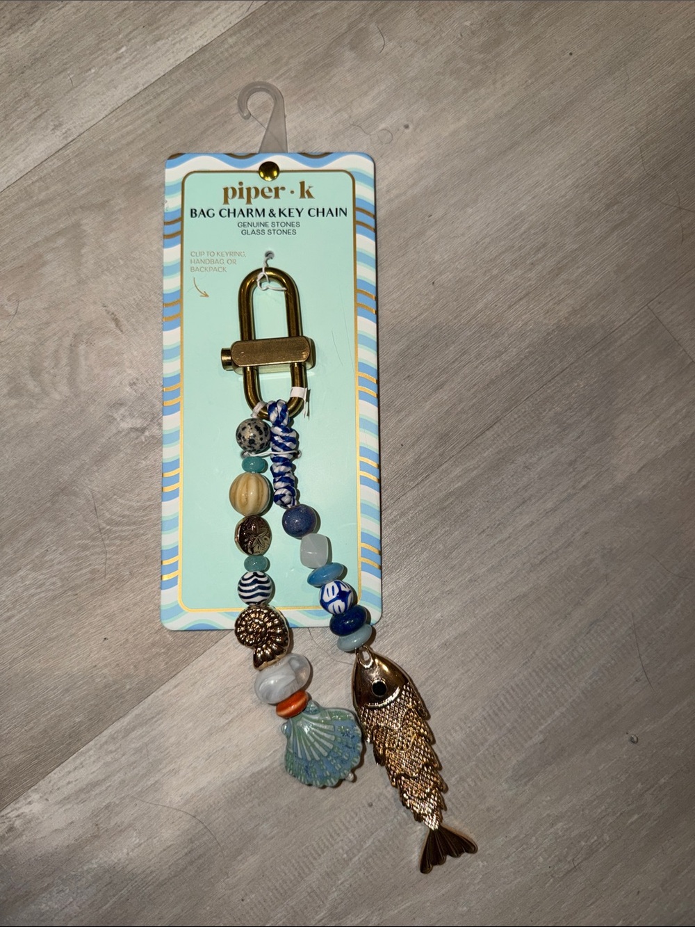 Blue, Cream & Gold Beaded Fish Key Bag Charm